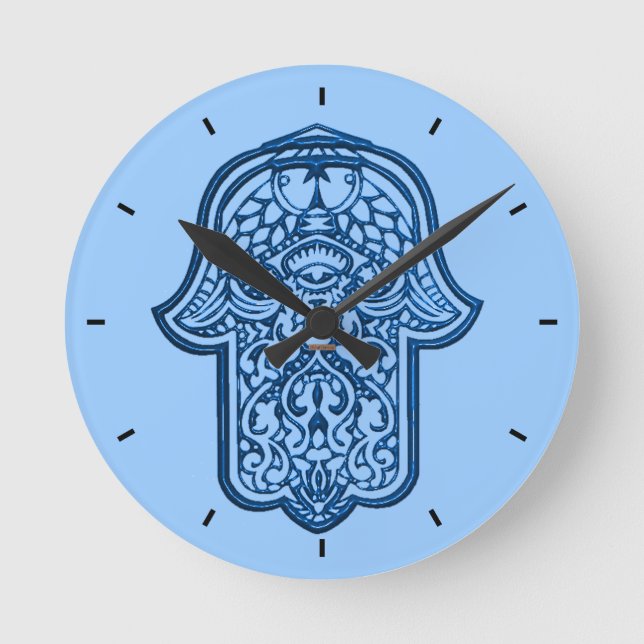 Henna Hand of Hamsa (Blue) Round Clock (Front)