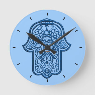 Henna Hand of Hamsa (Blue) Round Clock