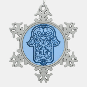 Henna Hand of Hamsa (Blue) Snowflake Pewter Christmas Ornament