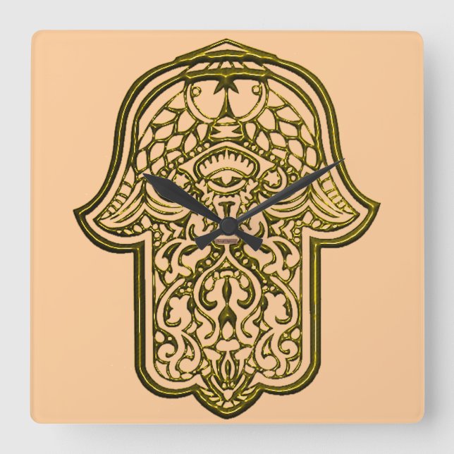 Henna Hand of Hamsa (Golden) Square Wall Clock (Front)