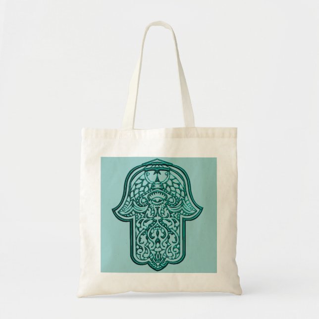 Henna Hand of Hamsa (Teal) Tote Bag (Front)