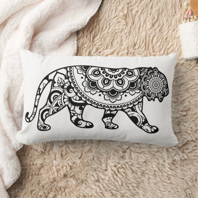 Henna Pattern Lion Art Black and White Lumbar Cushion (Blanket)