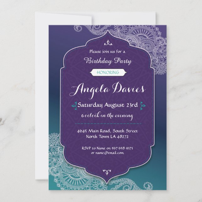 Henna Style Jewel Birthday Party Invite Arabian 40 (Front)