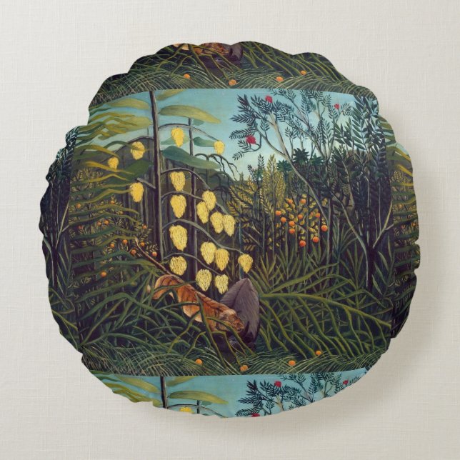 Henri Rousseau Struggle between Tiger and Bull Round Cushion (Front)