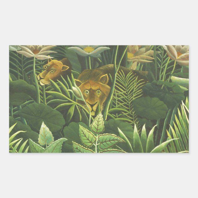 Henri Rousseau Tropical Jungle Lion Vintage Print Rectangular Sticker (Front)