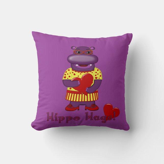 Henrietta Hippo Hugs Throw Pillow-Purple Cushion (Front)