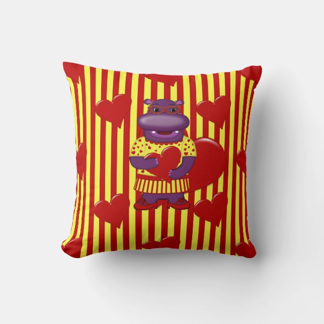 Henrietta Hippo Throw Pillow-Red-Yellow Stripes Cushion (Front)
