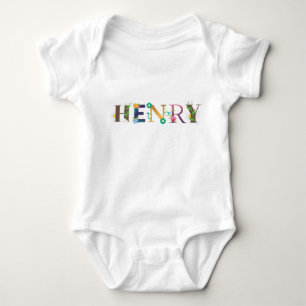 HENRY Name Art With Flowers Embroidered Baby Bodysuit
