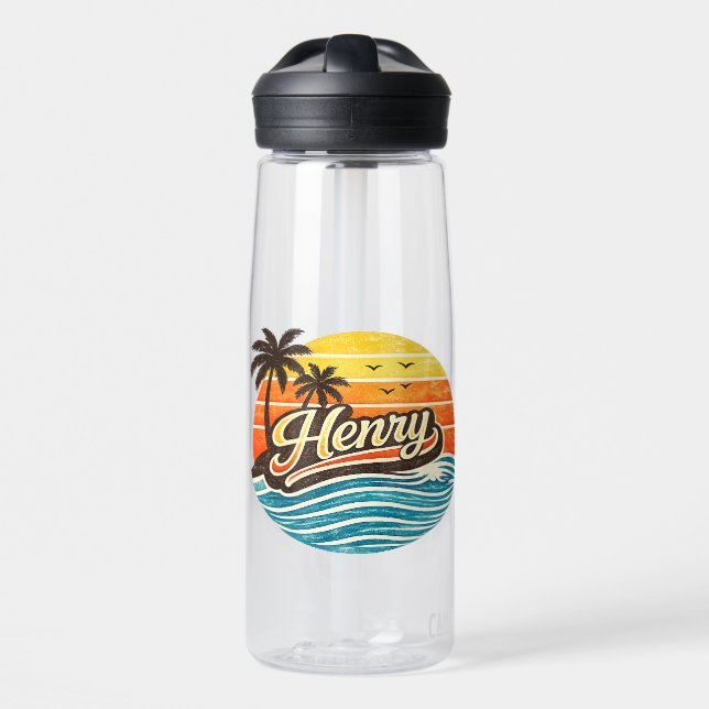 Henry Retro Sunset Name Design Water Bottle (Front)