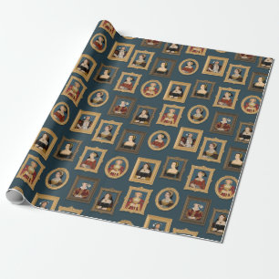 Henry VIII Six Wives Portraits in Frames Teal  Wrapping Paper