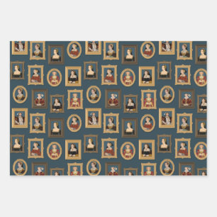 Henry VIII Six Wives Portraits in Frames Teal  Wrapping Paper Sheet