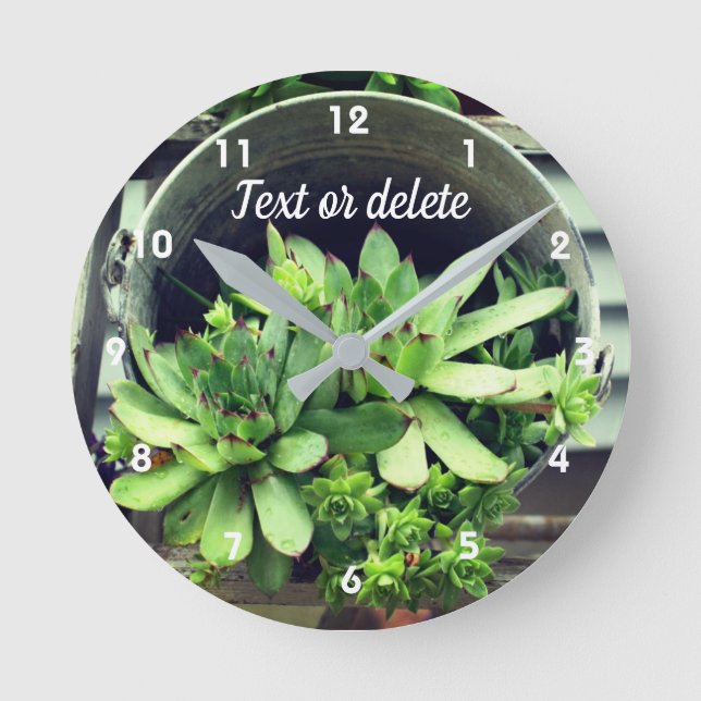 Hens And Chicks Succulents In Bucket Personalized Round Clock (Front)