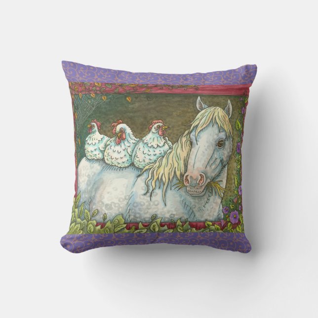 HENS IN THE STABLE, HORSE THROW PILLOW Blues (Front)