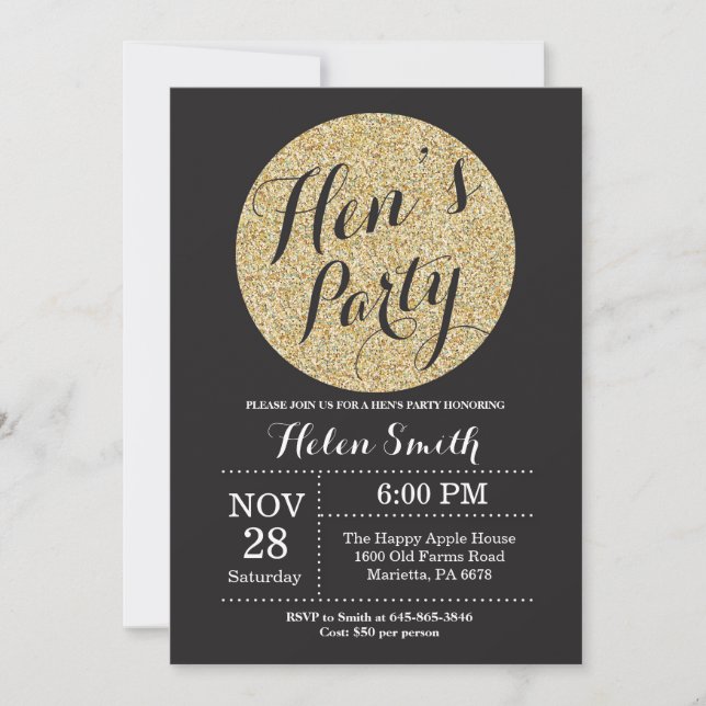 Hens Party Black and Gold Glitter Invitation Card (Front)