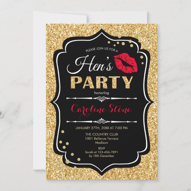 Hens Party - Black Red Gold Invitation (Front)