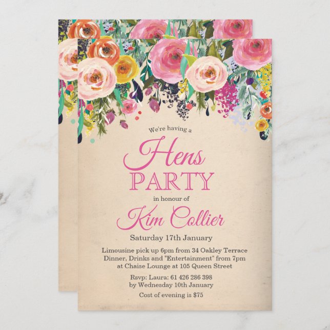 Hens Party Vintage Floral Invitation (Front/Back)