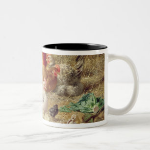 Hens roosting with their chickens Two-Tone coffee mug