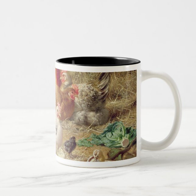 Hens roosting with their chickens Two-Tone coffee mug (Right)