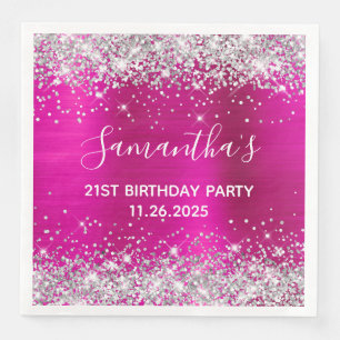 Her 21st Birthday Hot Pink and Silver Glitter Napkin
