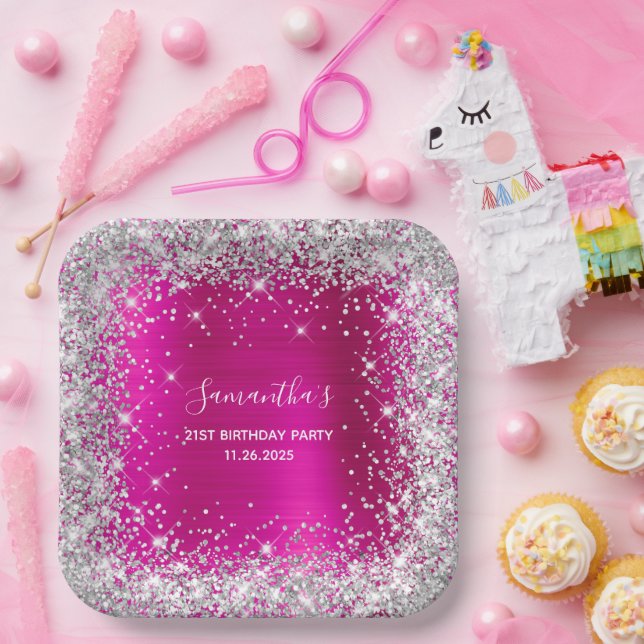 Her 21st Birthday Hot Pink and Silver Glitter Paper Plate (Party)