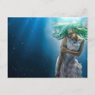 Her Emerald Curls - Mermaid Hovering Postcard