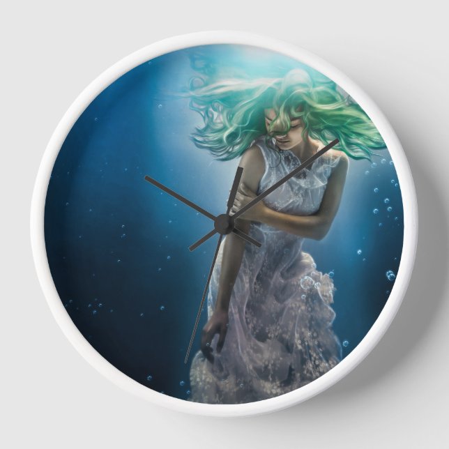 Her Emerald Curls - Mermaid Hovering Underwater Clock (Front)