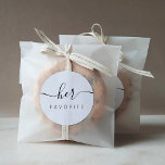 Her Favourite Сalligraphic Favour Gift Classic Rou Round Sticker<br><div class="desc">Her Favourite Favour Sticker with modern calligraphy for Wedding Welcome Bag. Design features a modern style script text layout. To make advanced changes,  please select "Click to customise further" option under Personalise this template.</div>