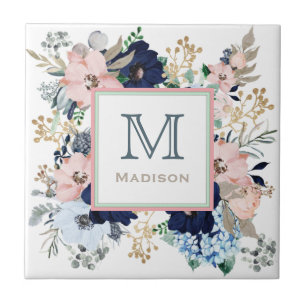 Her Favourite Blue & Pink Rose Monogram Ceramic Tile