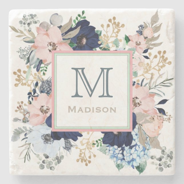 Her Favourite Blue & Pink Rose Monogram Stone Coaster (Front)