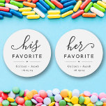 "Her Favourite" Wedding Favour Sticker<br><div class="desc">"Her Favourite." Personalise your favours,  featuring "his" favourite candy,  snack,  chocolate,  etc.,  with your names and date within a cute and modern design. Use for your wedding,  bridal shower,  engagement party,  etc. "His Favourite" is available within my "His   Hers" collection. {image by freepik}</div>