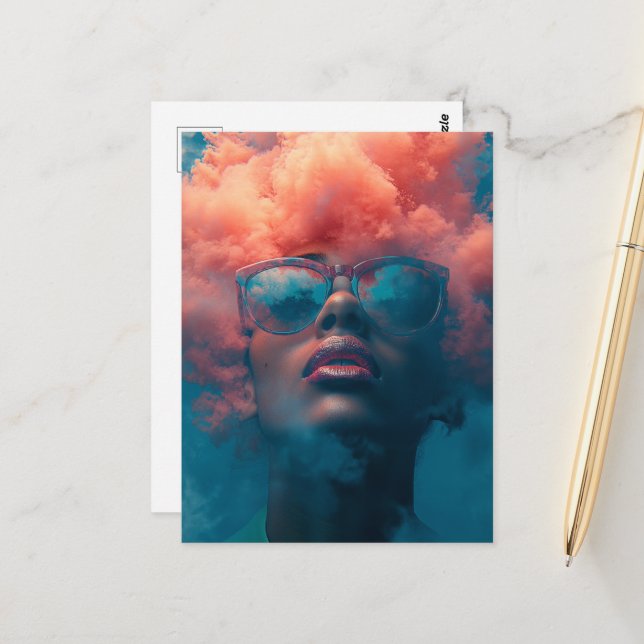 Her Head In the Pink Clouds Surreal Art Postcard (Front/Back In Situ)