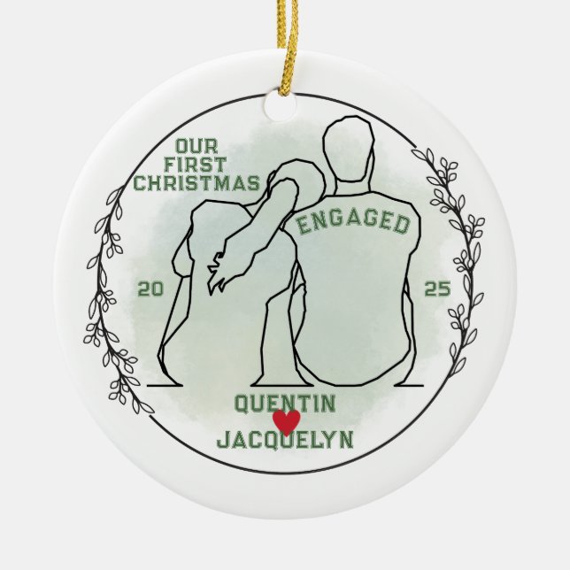 Her Head on His Shoulder - First Christmas Engaged Ceramic Ornament (Front)