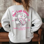 Her Last Disco Queen Bachelorette Party Bridesmaid Sweatshirt<br><div class="desc">Personalise the front and back of this super cute and fun Her Last Disco theme hot pink wedding Bachelorette Party or Weekend heather grey matching sweatshirt for your bridesmaids and party guests with "Disco Queen" (or custom names) on the front pocket square area, and Bride Name, year, and city /...</div>