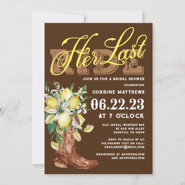 Her Last Ride Cowgirl Boots Lemons Bridal Shower Invitation (Front)