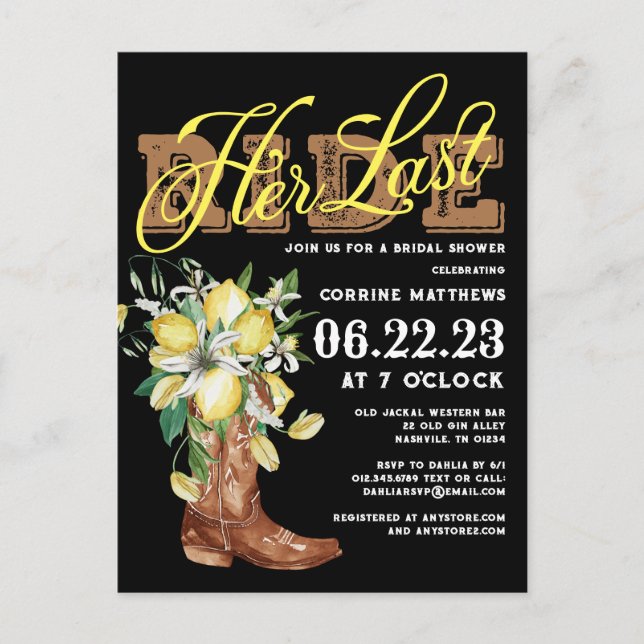 Her Last Ride Cowgirl Boots Lemons Bridal Shower Postcard (Front)