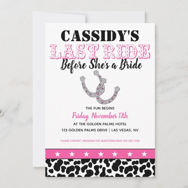 Her Last Ride Disco Cowgirl Bachelorette Itinerary Invitation (Front)