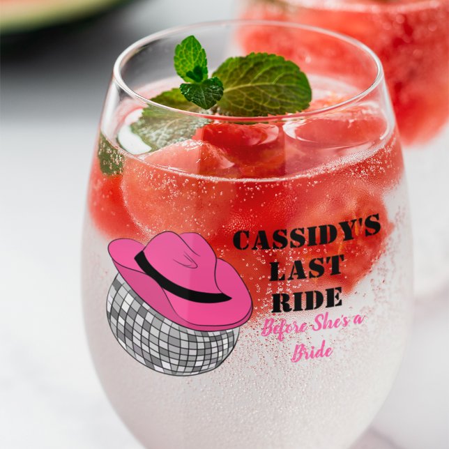 Her Last Ride Disco Cowgirl Bachelorette Party Stemless Wine Glass (Creator Uploaded)