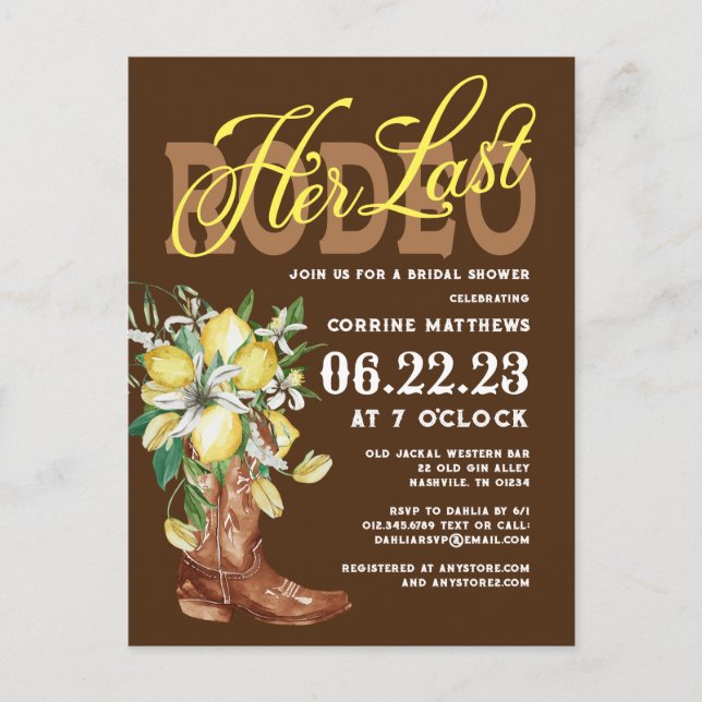 Her Last Rodeo Cowgirl Boots Lemons Bridal Shower Postcard (Front)