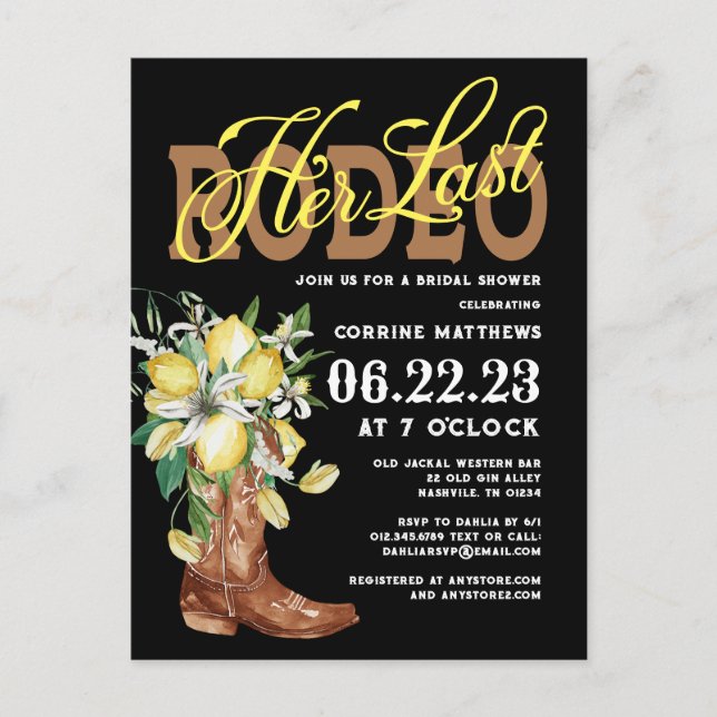 Her Last Rodeo Cowgirl Boots Lemons Bridal Shower Postcard (Front)