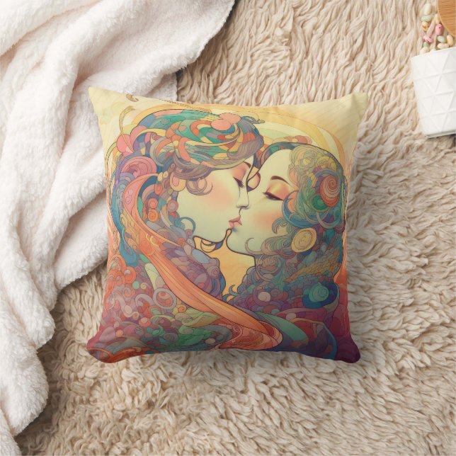 Her Love, Her Way  | Lesbian Kiss Art Deco Style Cushion (Blanket)