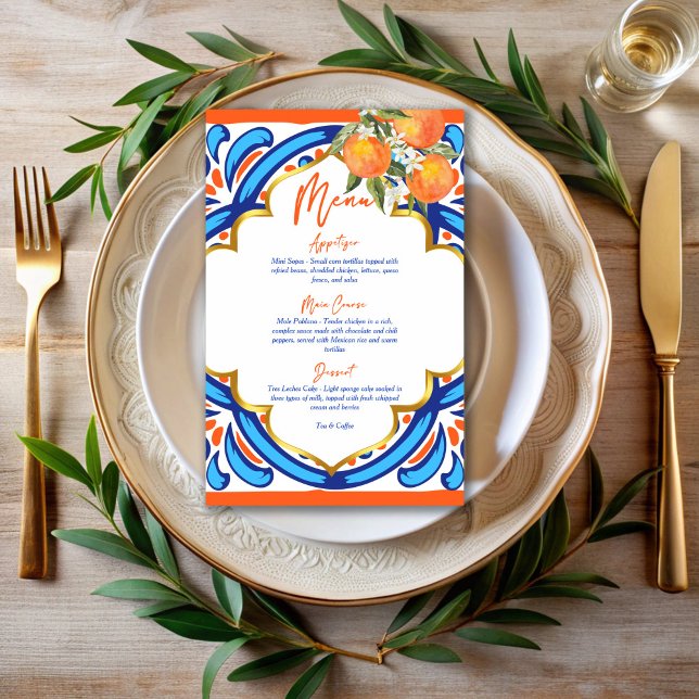 Her Main Squeeze orange blue menu card (Her Main Squeeze orange blue talavera tiles menu cards personalized bridal shower table decor menu)
