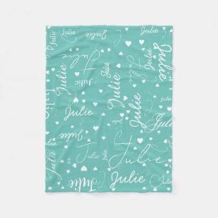 Her Name and Hearts all over light-teal Fleece Blanket