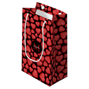 Her name and monogram on red hearts small gift bag