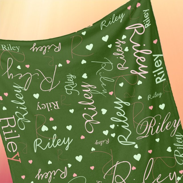 Her Name and Pink Hearts all over Green Fleece Blanket (Creator Uploaded)