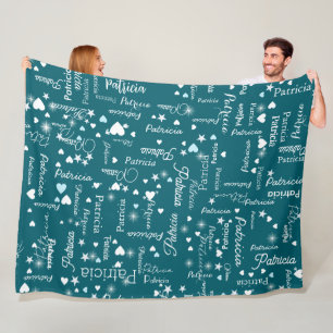 Her Name & Hearts girly dark teal blue  Fleece Blanket