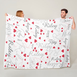 Her Name Initial and Red Hearts allover White Fleece Blanket