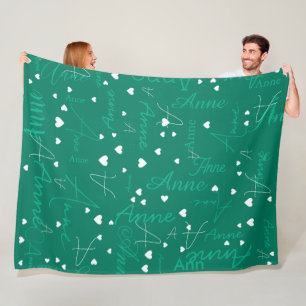 Her Name Initial White Hearts Emerald-Green Fleece Blanket