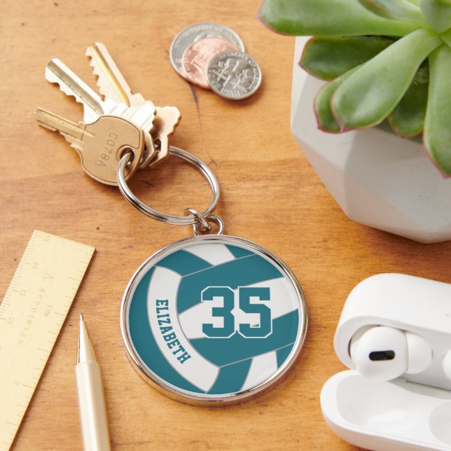 her name teal white team colours volleyball  key ring (Desk)