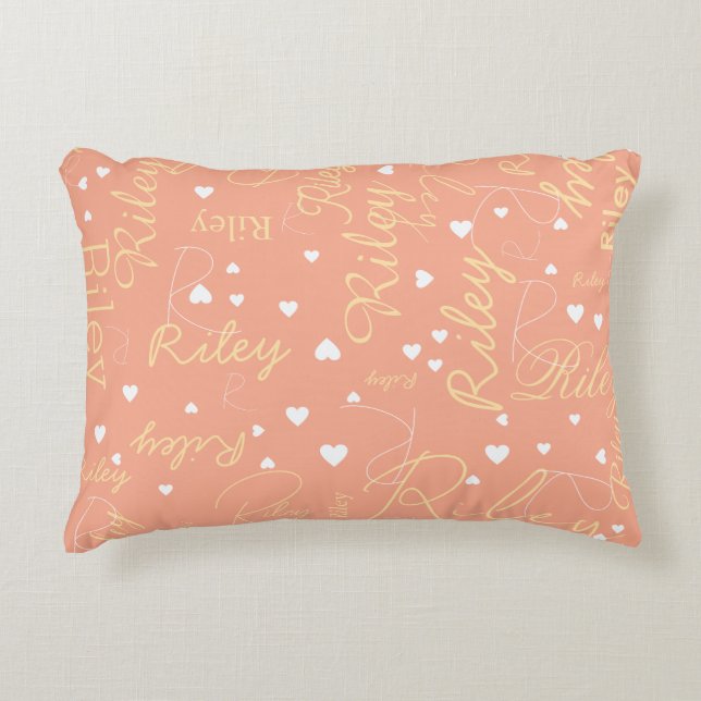 Her Name with Initial & Hearts Peach Decorative Cushion (Front)