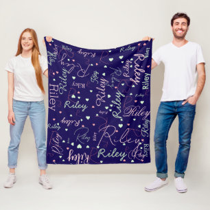 Her Name with Pink Hearts all over dark blue Fleece Blanket